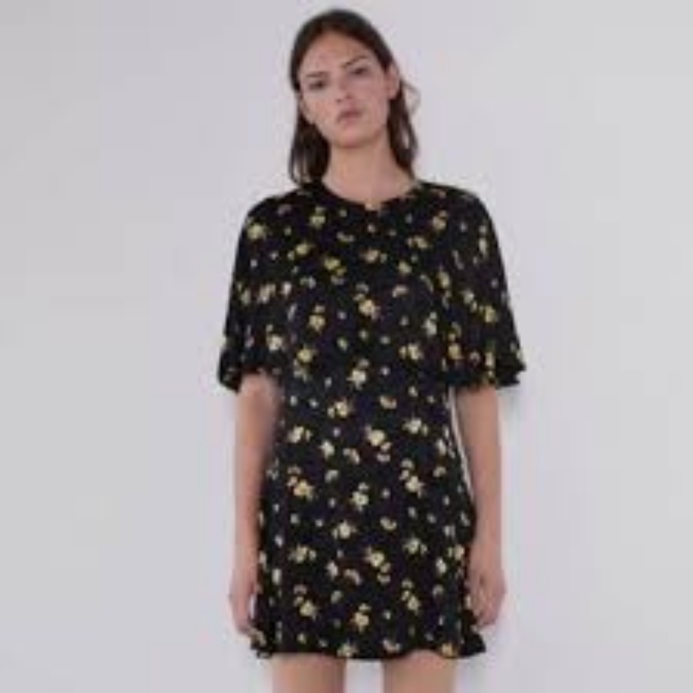 NEW Zara L black floral mini dress ruffle
